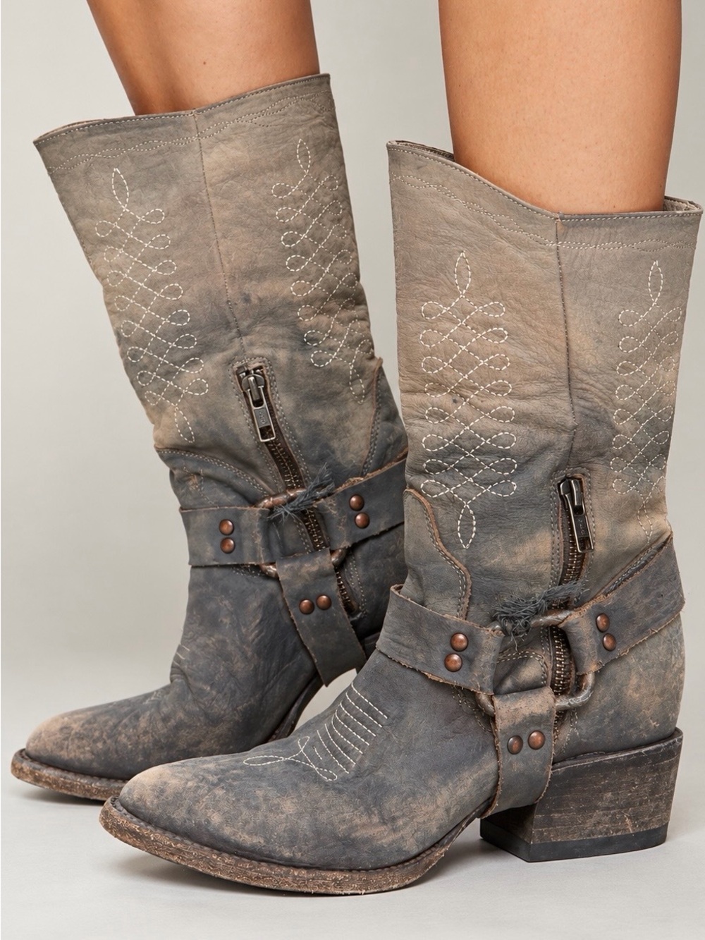 Freebird by PMDIP Leather Mid-Calf Western Boots - Gray Ombré - Size 8